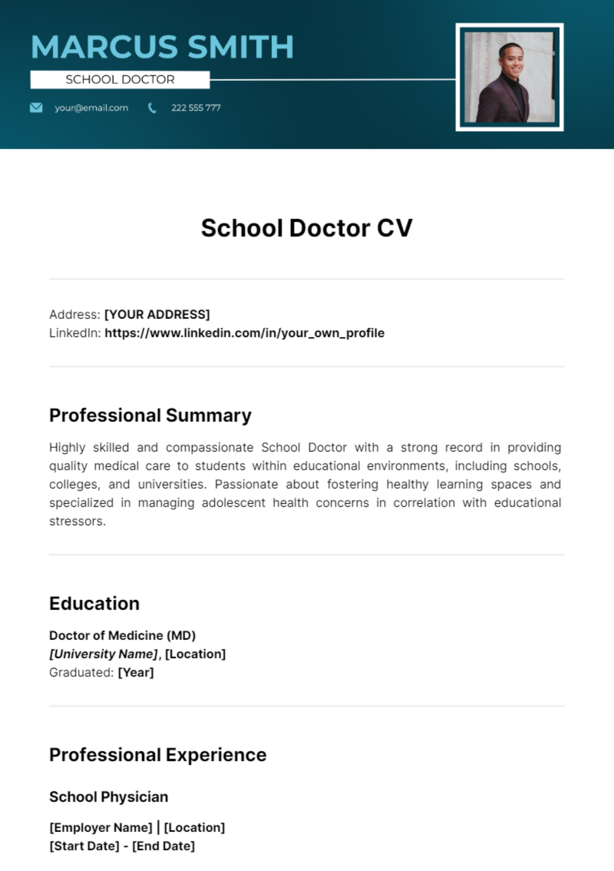 School Doctor CV Template - Edit Online & Download