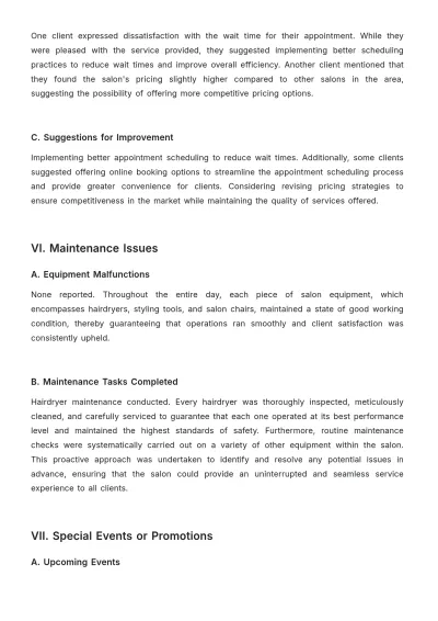 Free Salon Daily Report Template to Edit Online
