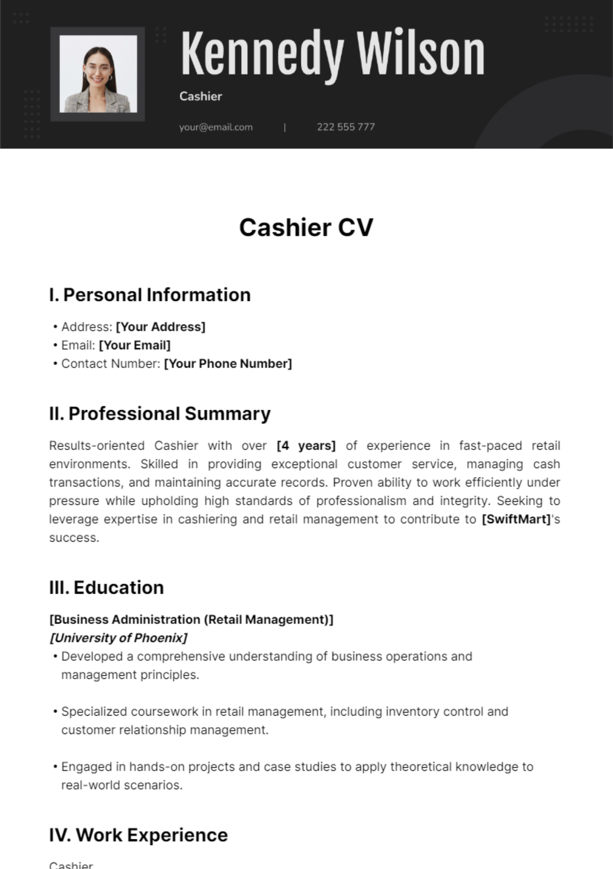 Cashier CV Template