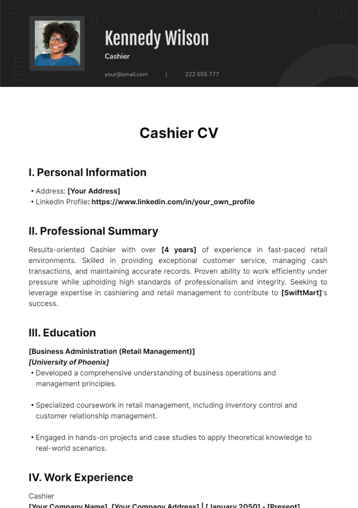 Cashier CV Template - Edit Online & Download