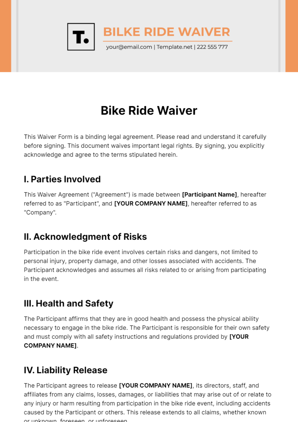 Bike Ride Waiver Template