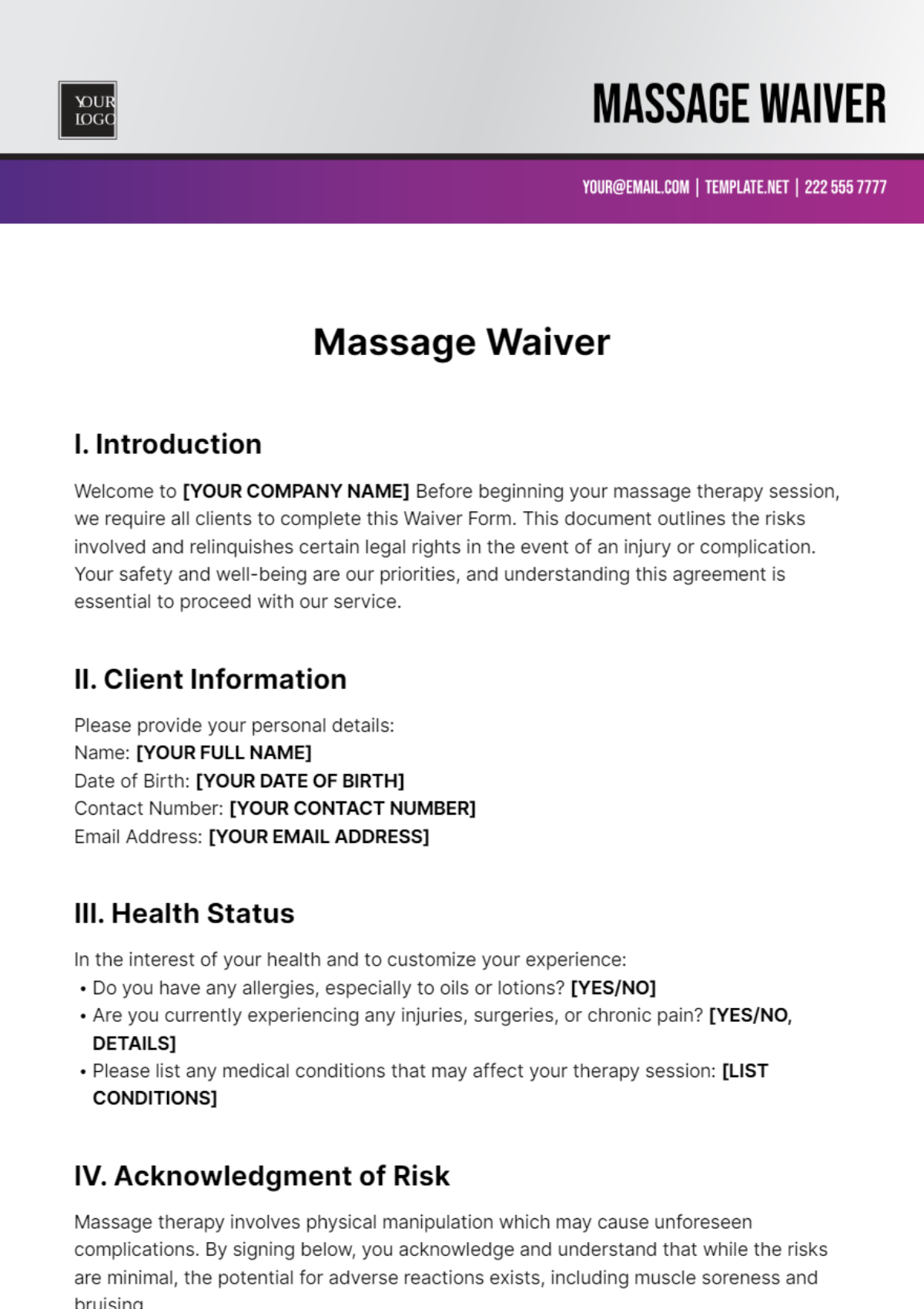 Massage Waiver Template