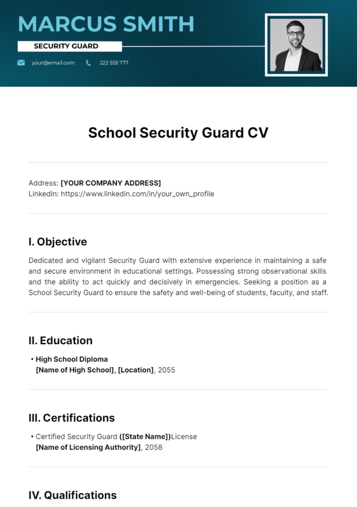 School Security Guard CV Template