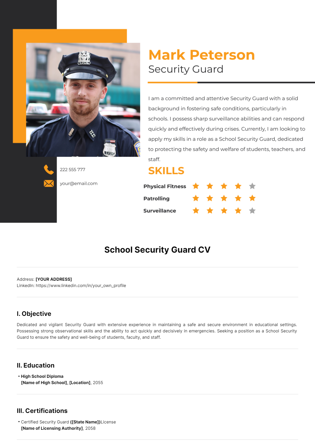 School Security Guard CV Template - Edit Online & Download