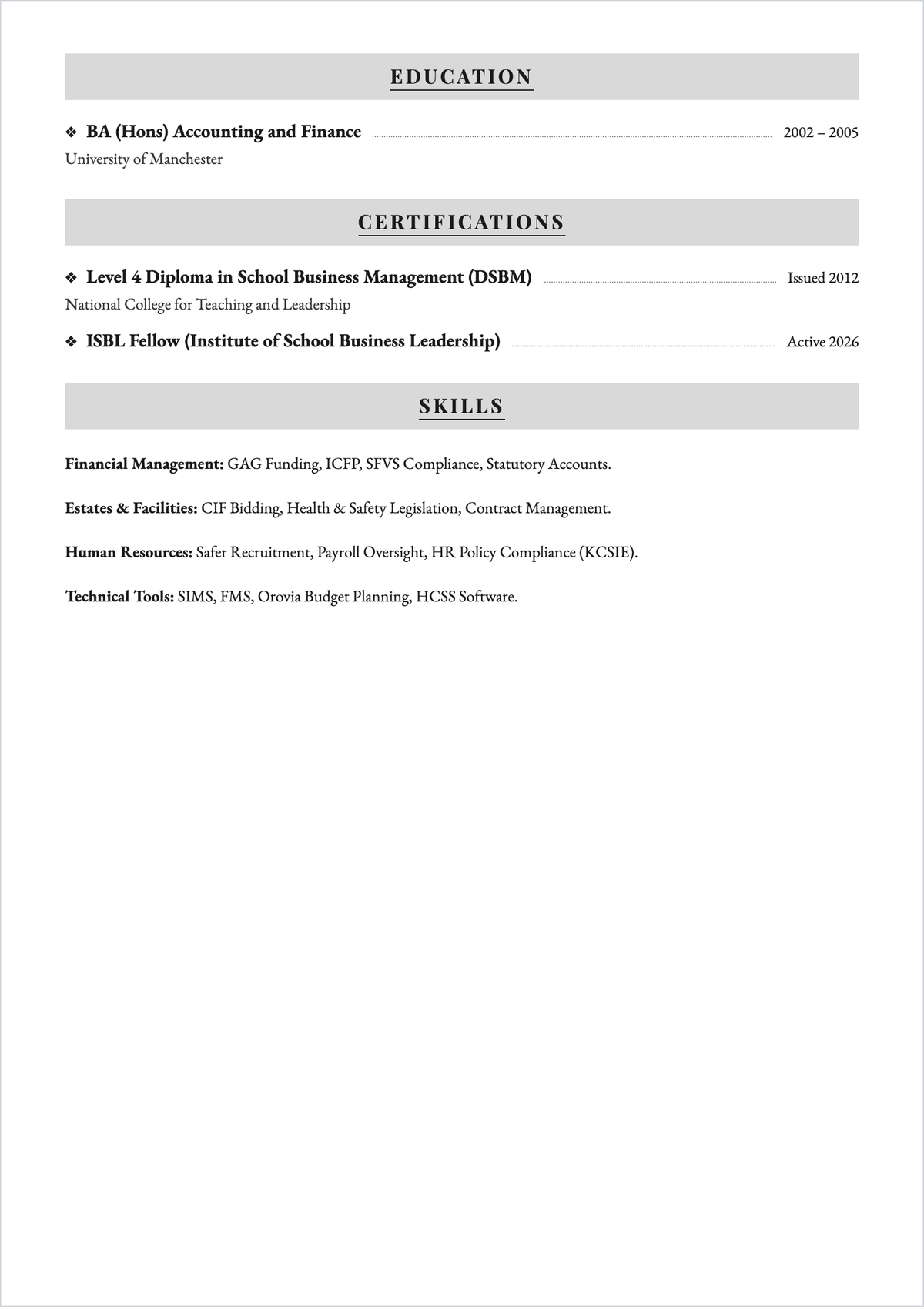 Free School Business Manager ATS CV Template, AI CV Builder