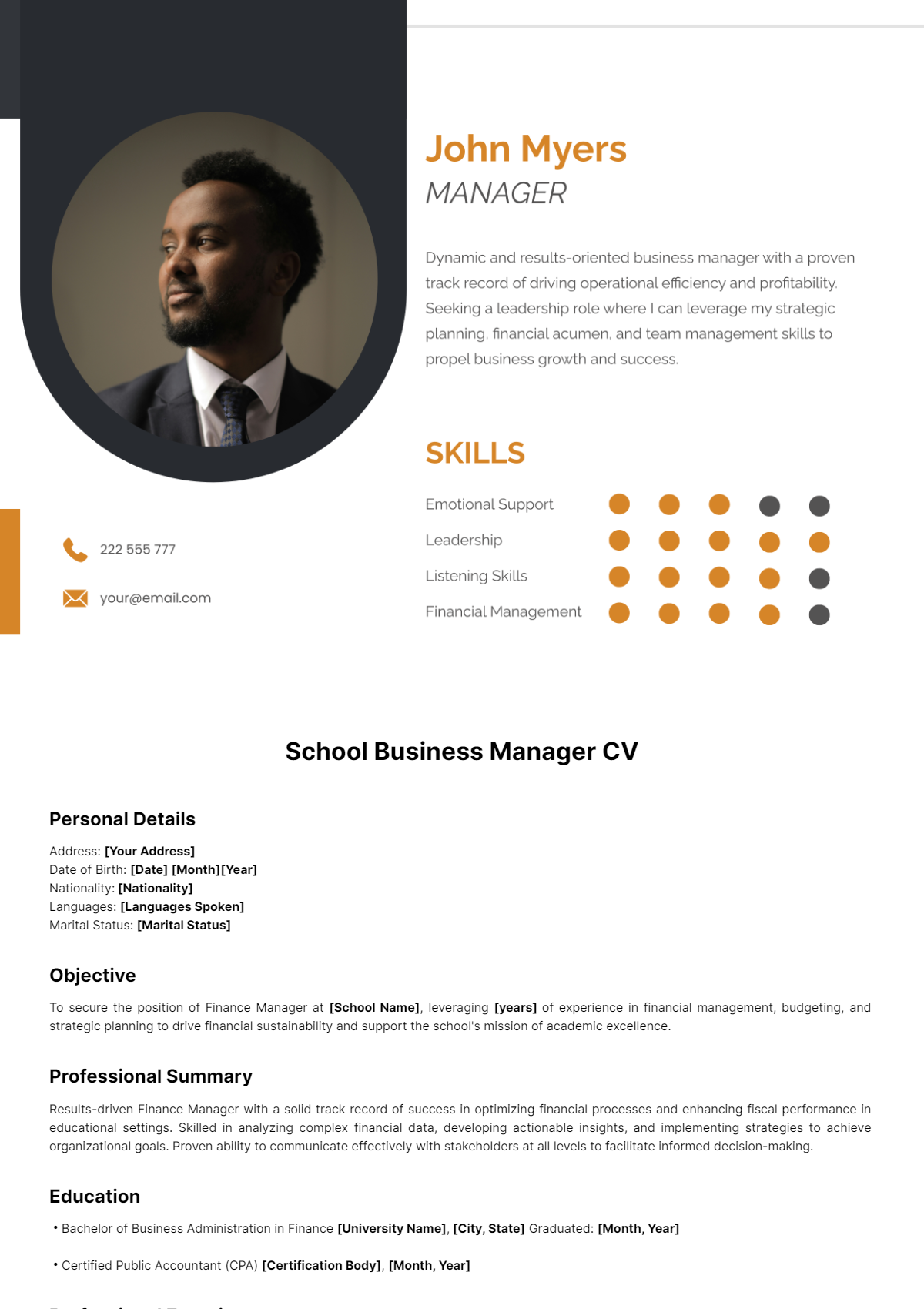 School Business Manager CV Template - Edit Online & Download