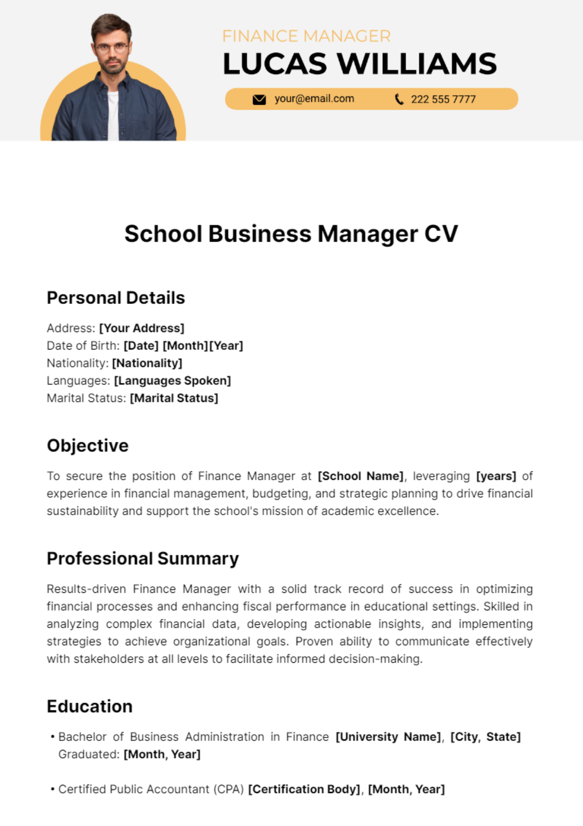 School Business Manager CV Template