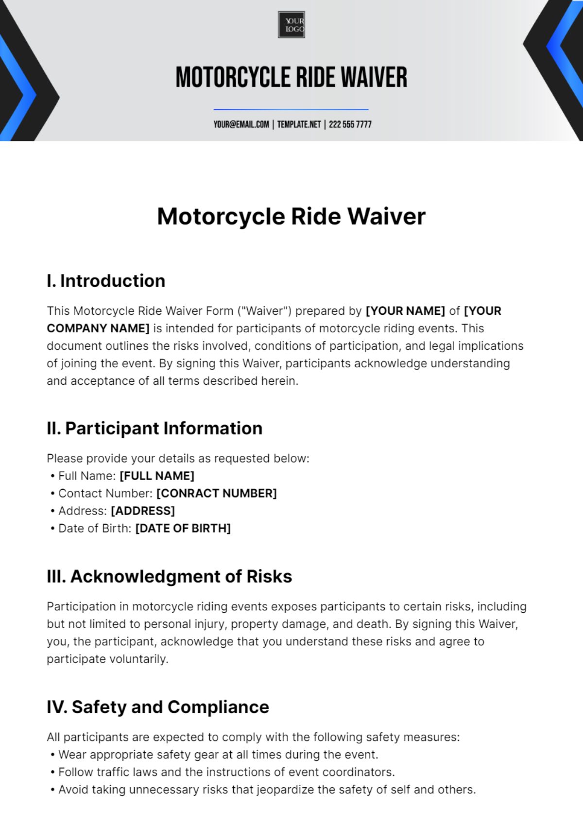 Motorcycle Ride Waiver Template