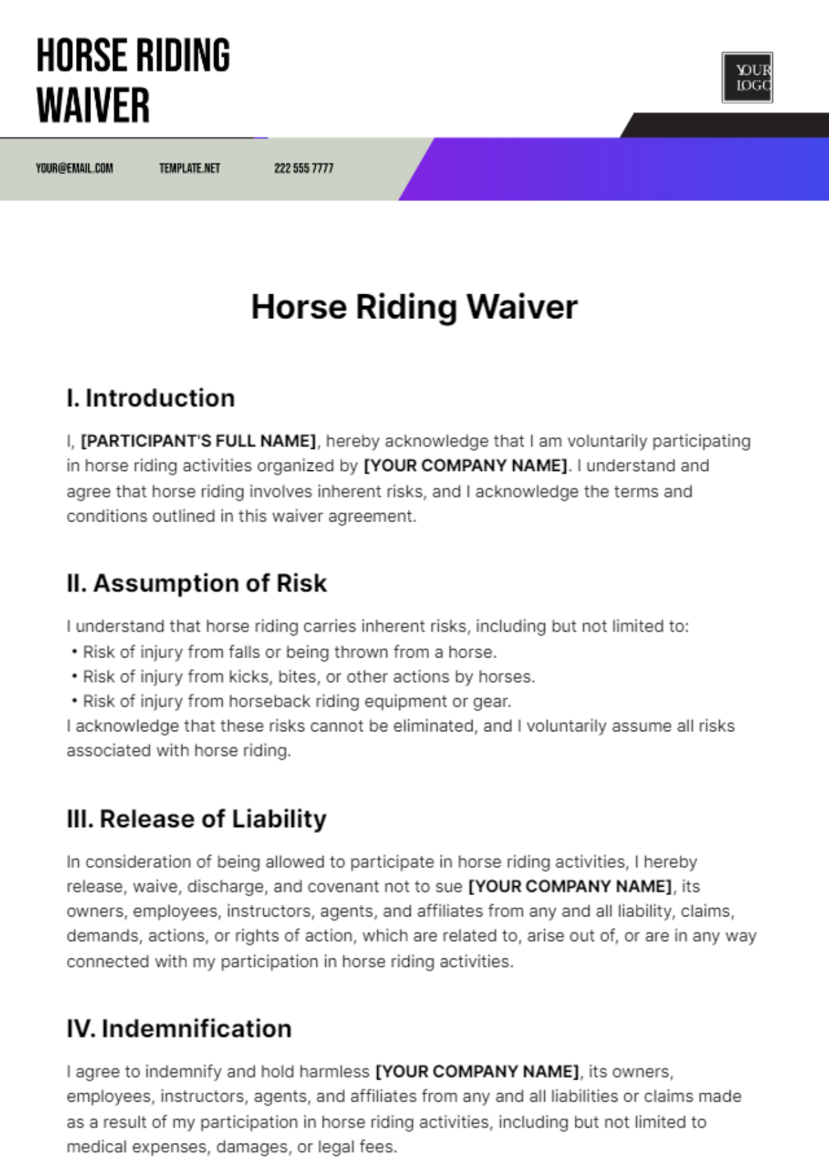 Horse Riding Waiver Template