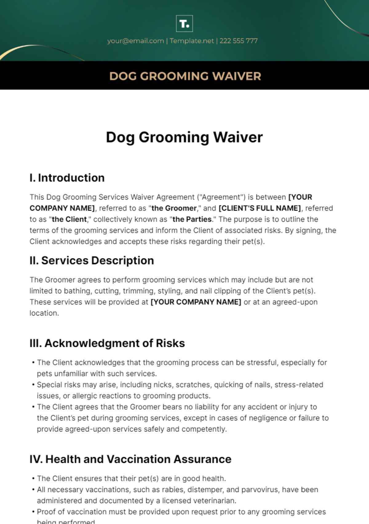 Dog Grooming Waiver Template - Edit Online & Download