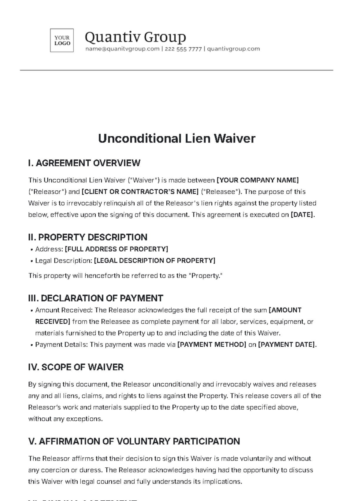 Unconditional Lien Waiver Template - Edit Online & Download