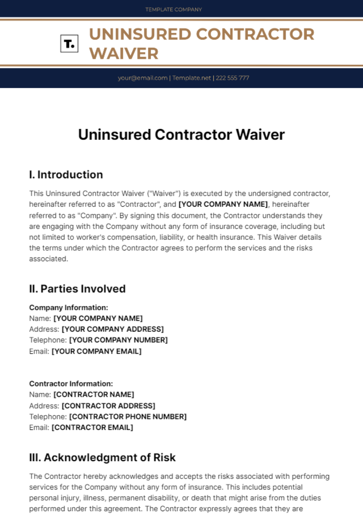 Uninsured Contractor Waiver Template