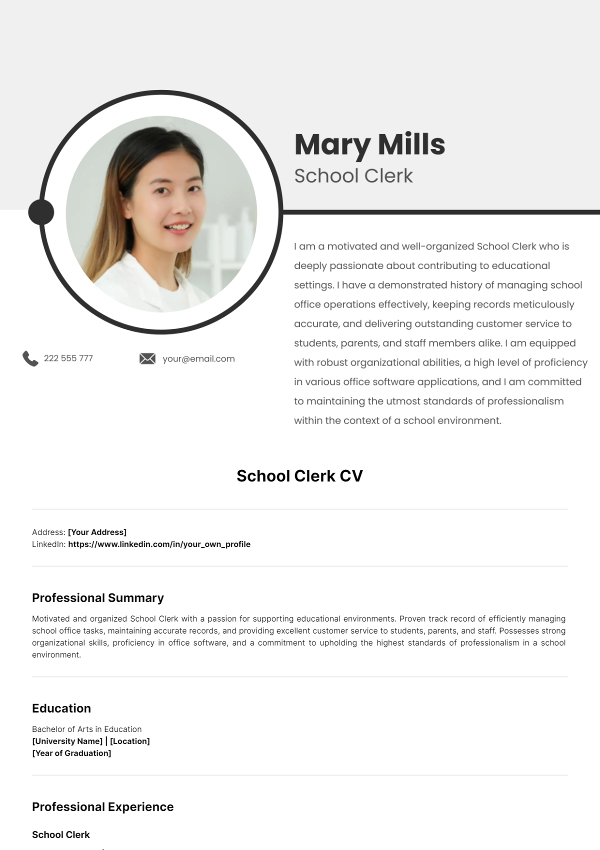 School Clerk CV Template - Edit Online & Download