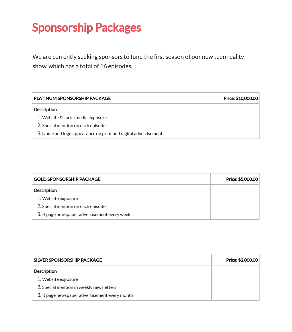 Tv Show Sponsorship Proposal Template - Google Docs, Word, Apple For Sponsor Proposal Template