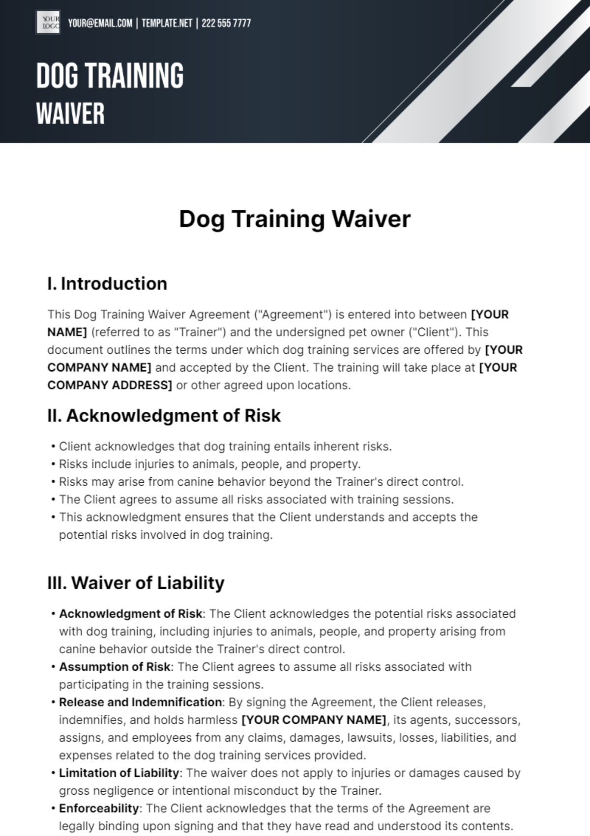 Dog Training Waiver Template - Edit Online & Download