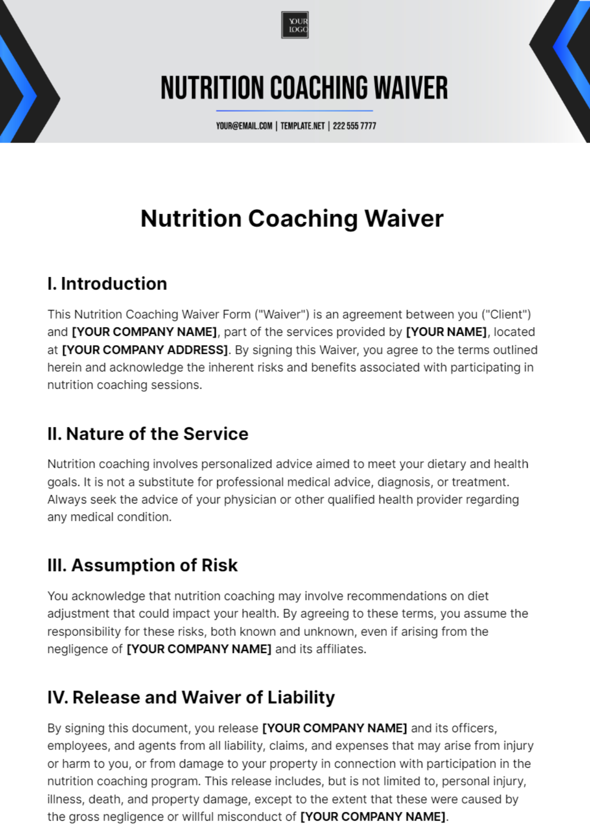 Nutrition Coaching Waiver Template
