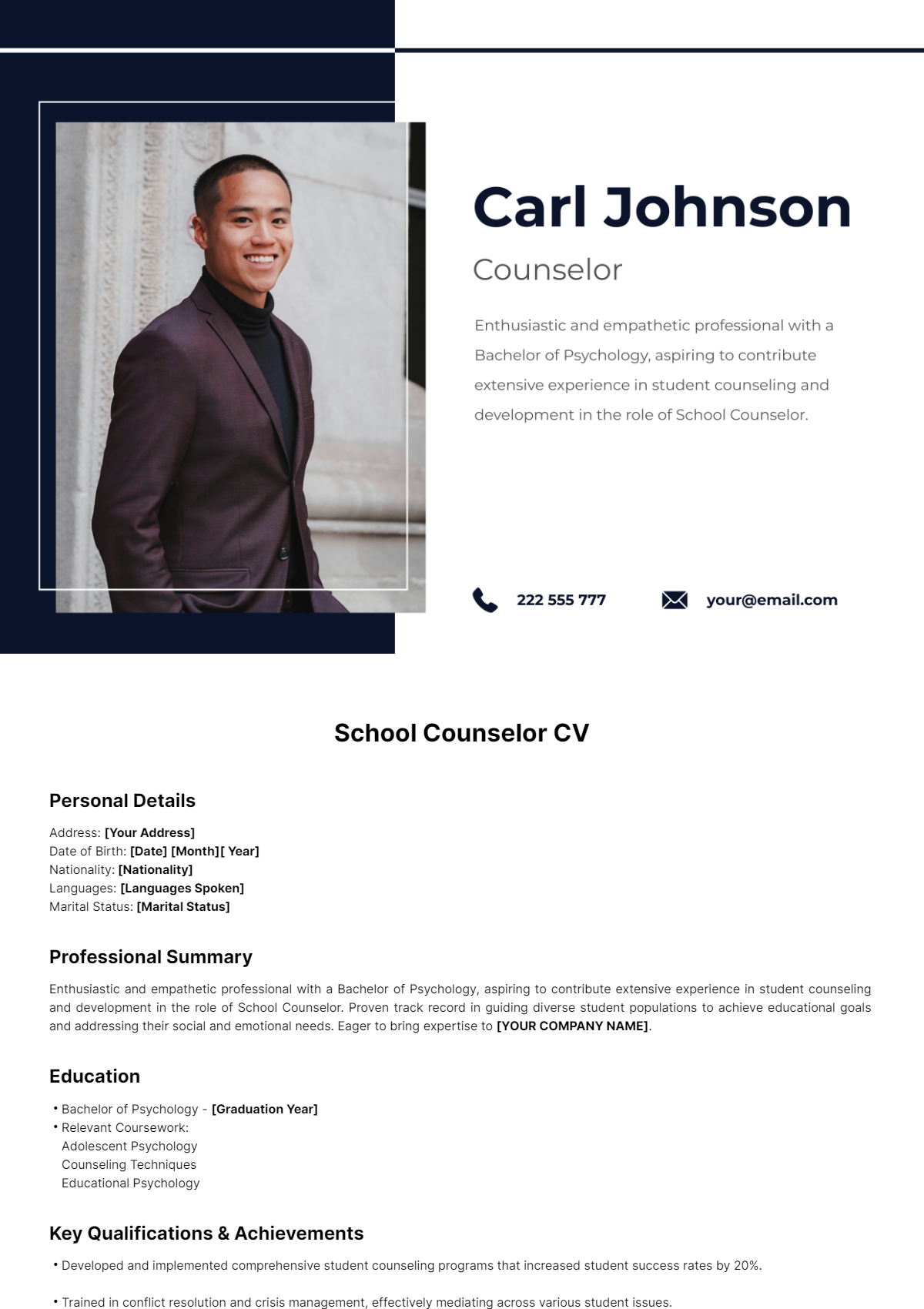 School Counselor CV Template - Edit Online & Download