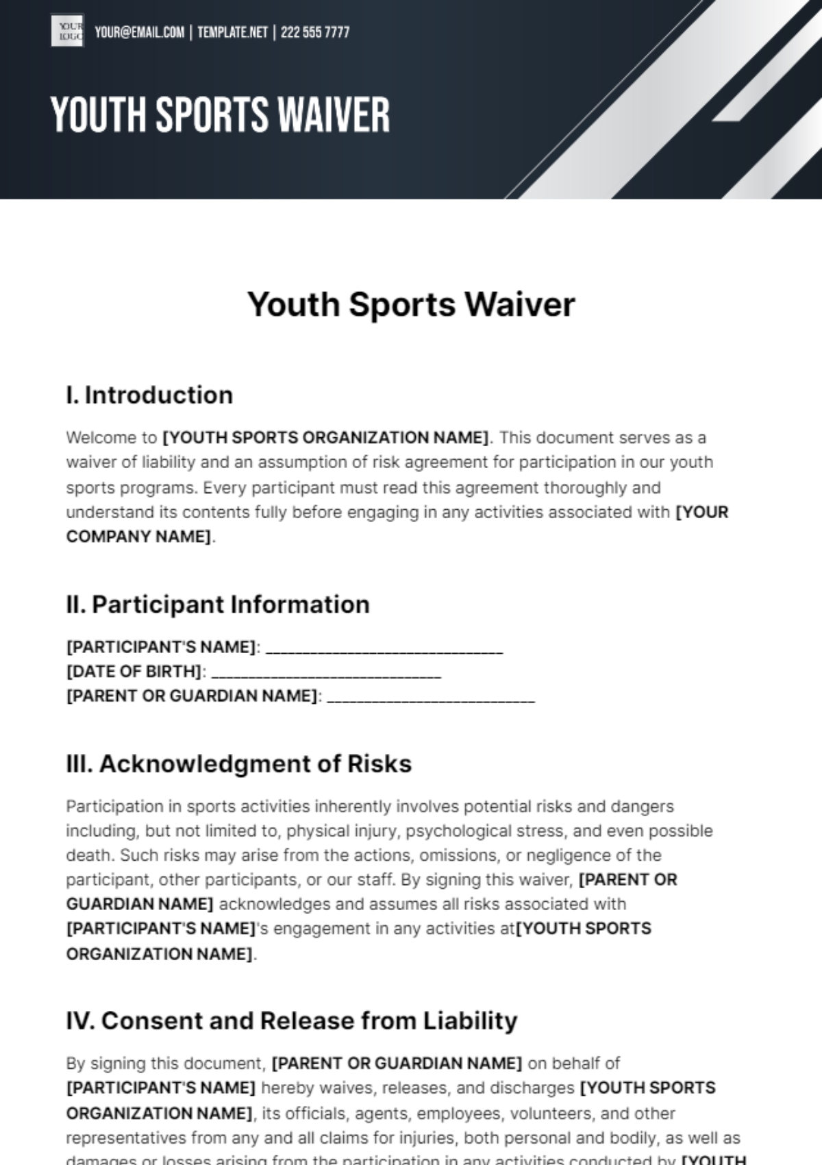 Youth Sports Waiver Template