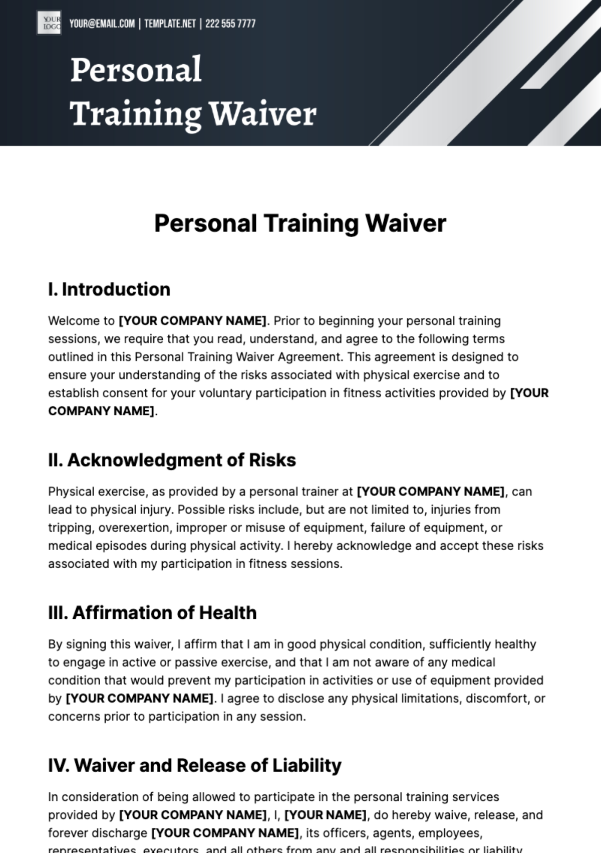 Personal Training Waiver Template - Edit Online & Download