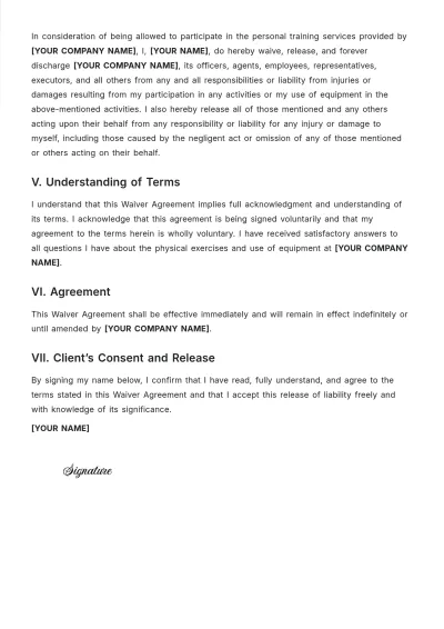 Free Personal Training Waiver Template to Edit Online