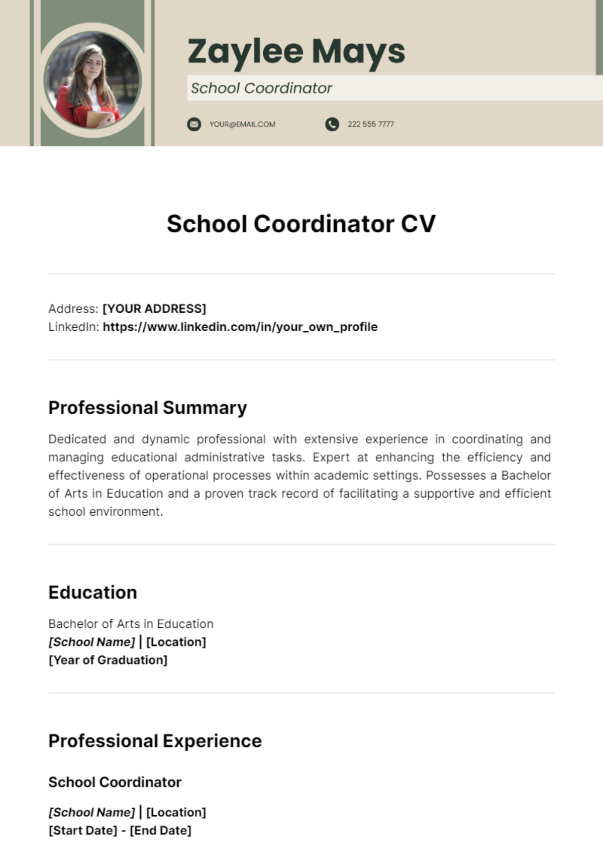 School Coordinator CV Template - Edit Online & Download