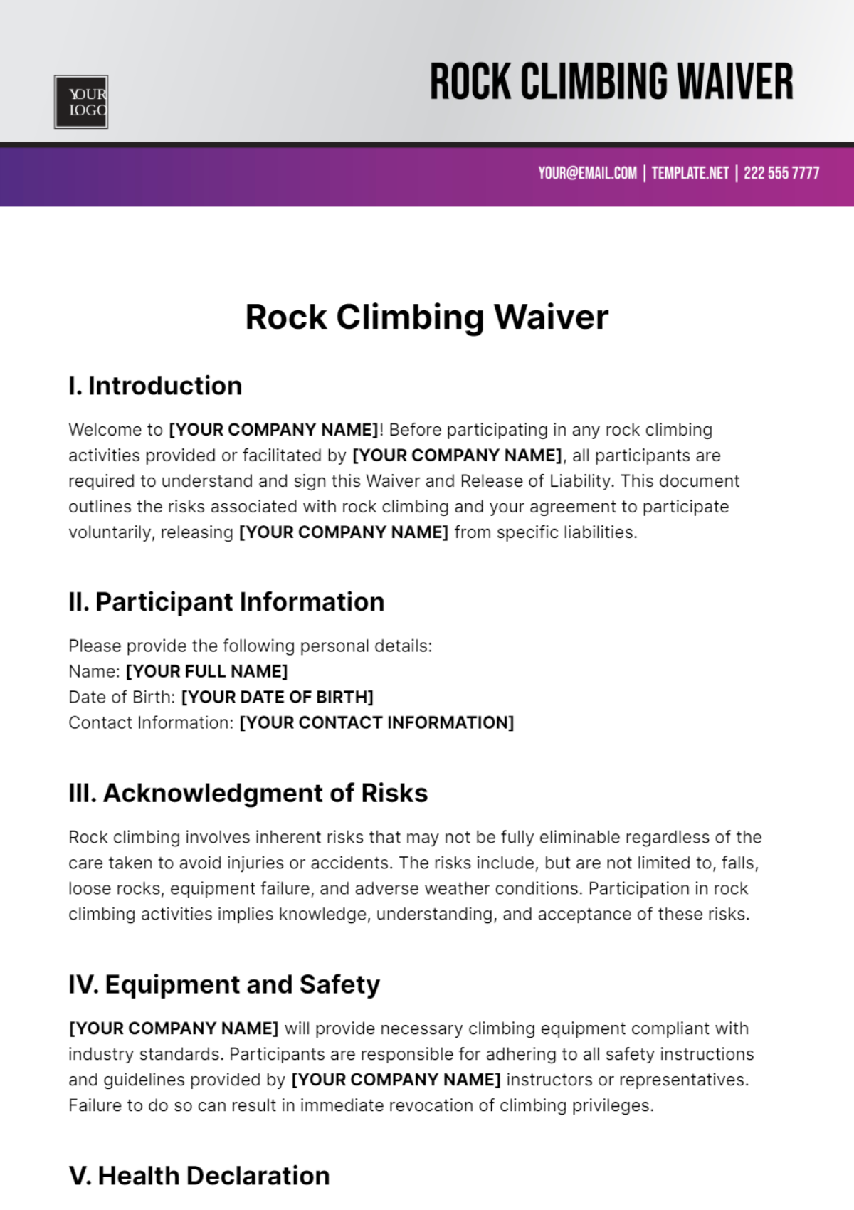 Rock Climbing Waiver Template