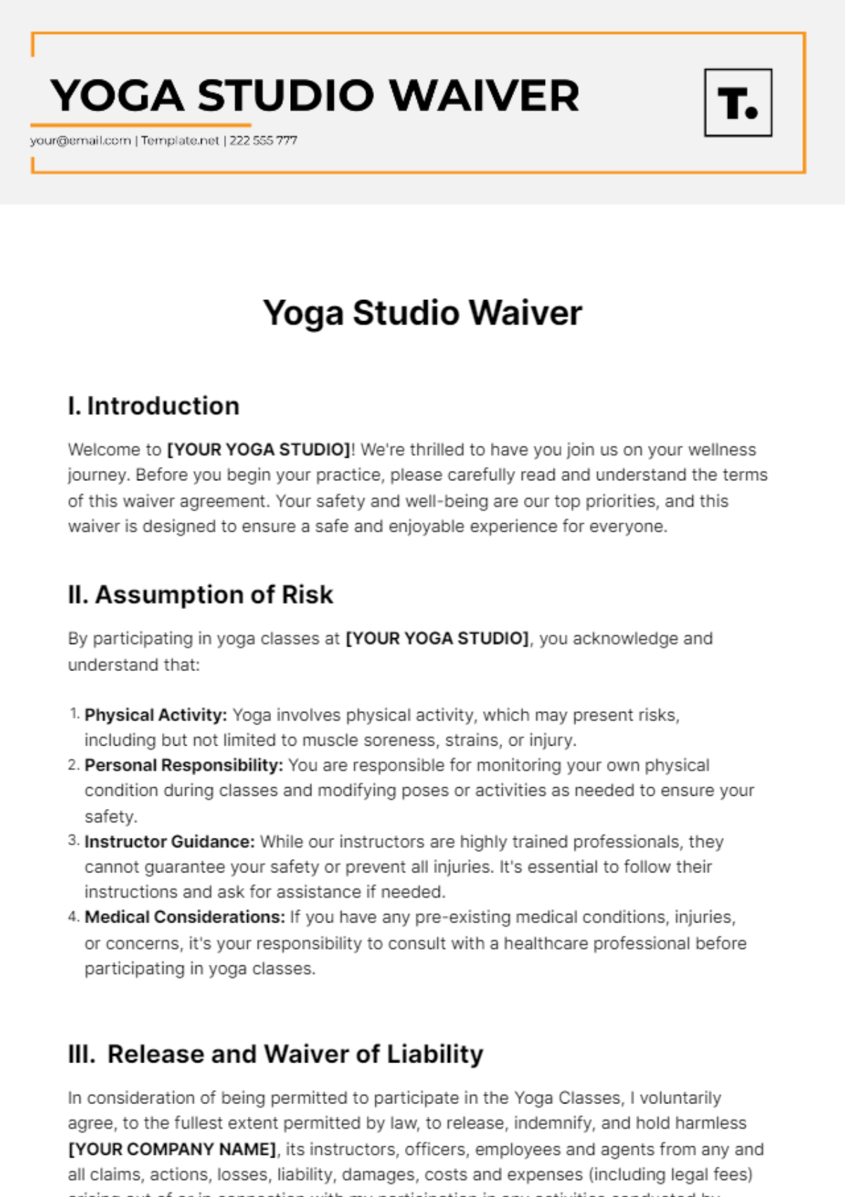 Yoga Studio Waiver Template
