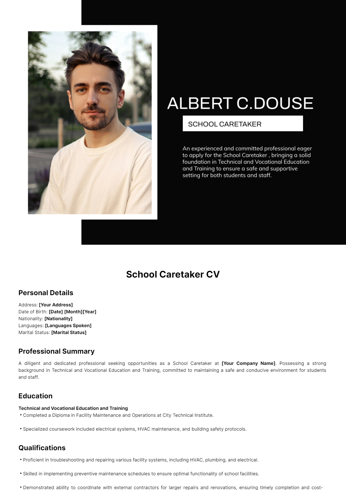 School Caretaker CV Template - Edit Online & Download