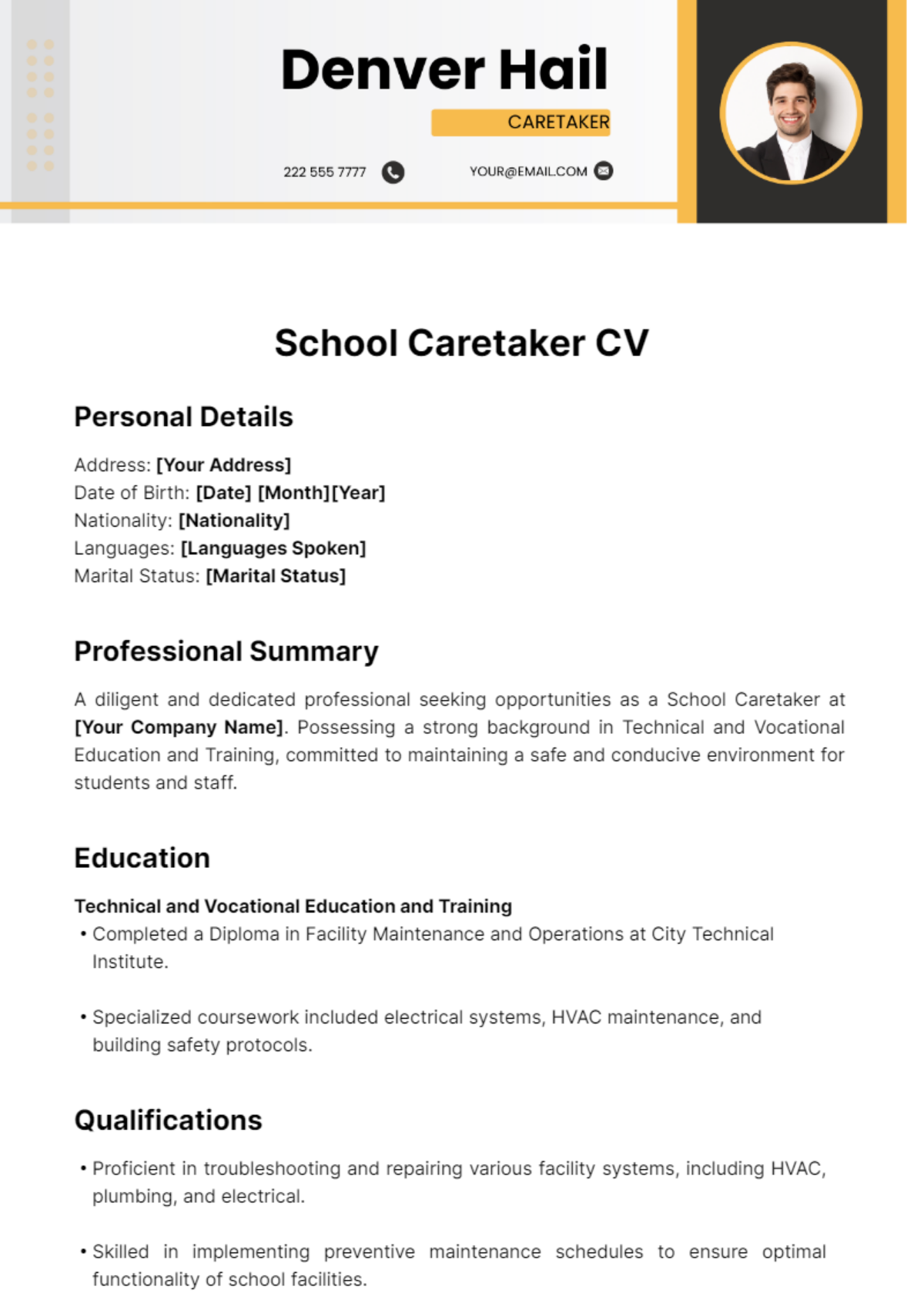 School Caretaker CV Template - Edit Online & Download Example ...