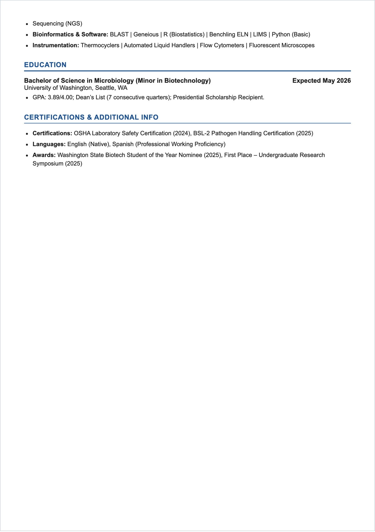 Free Microbiology Student ATS CV Template, AI CV Builder