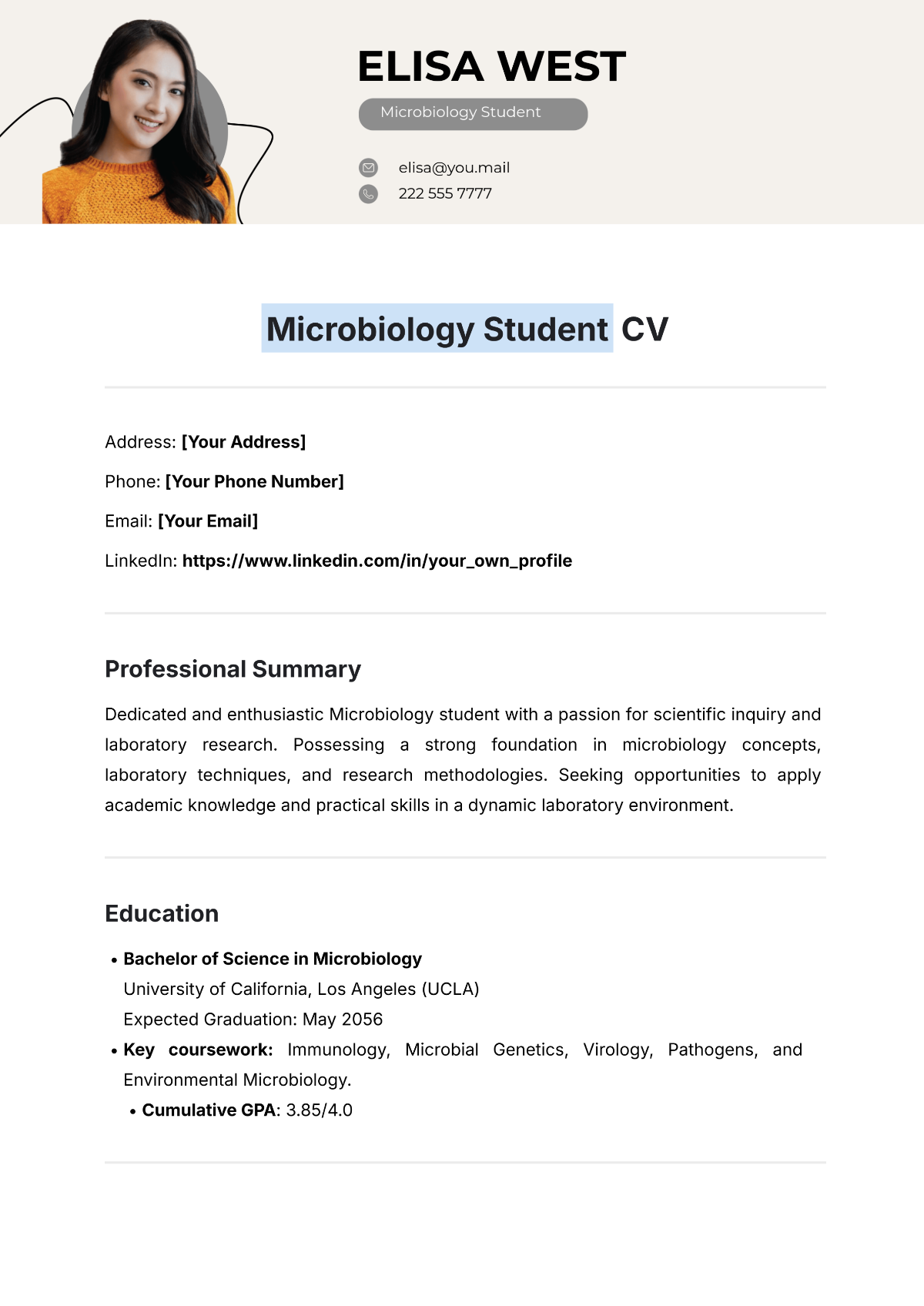 Free Microbiology Student CV Template