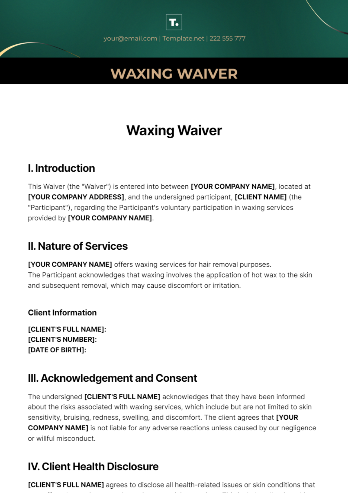 Waxing Waiver Template