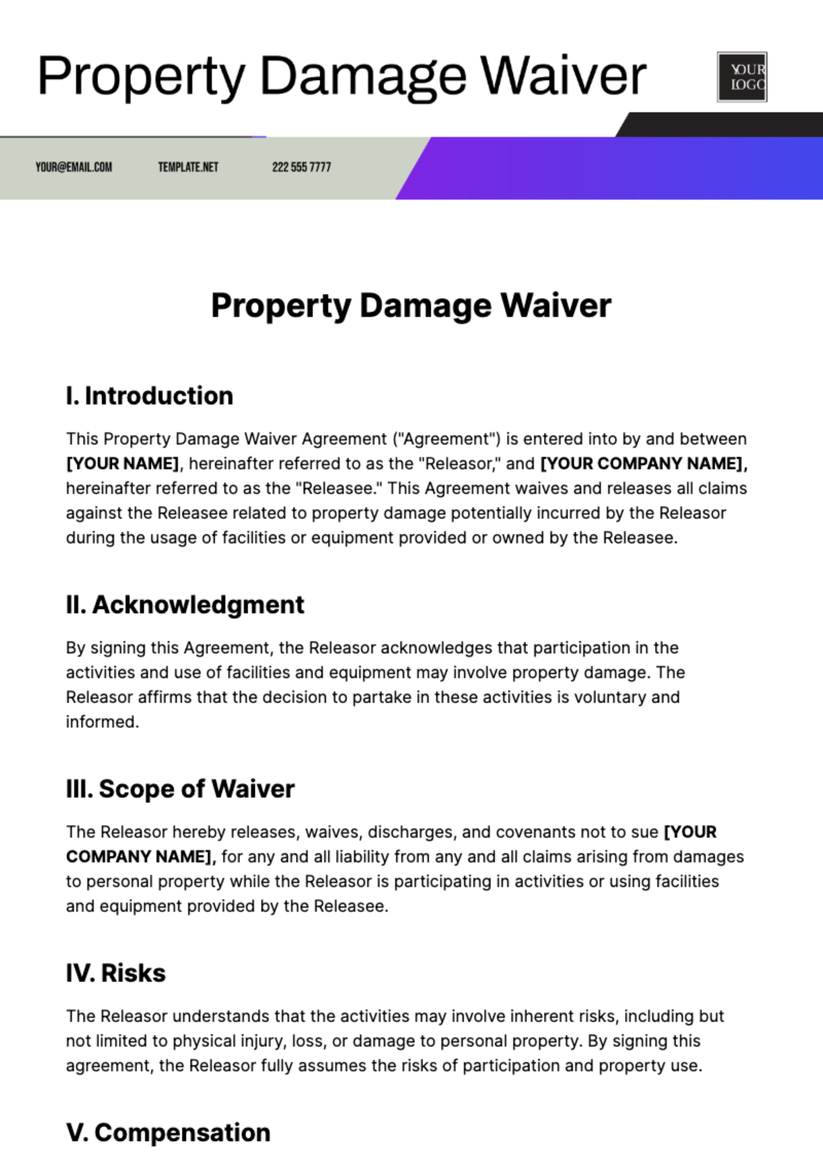 Property Damage Waiver Template - Edit Online & Download