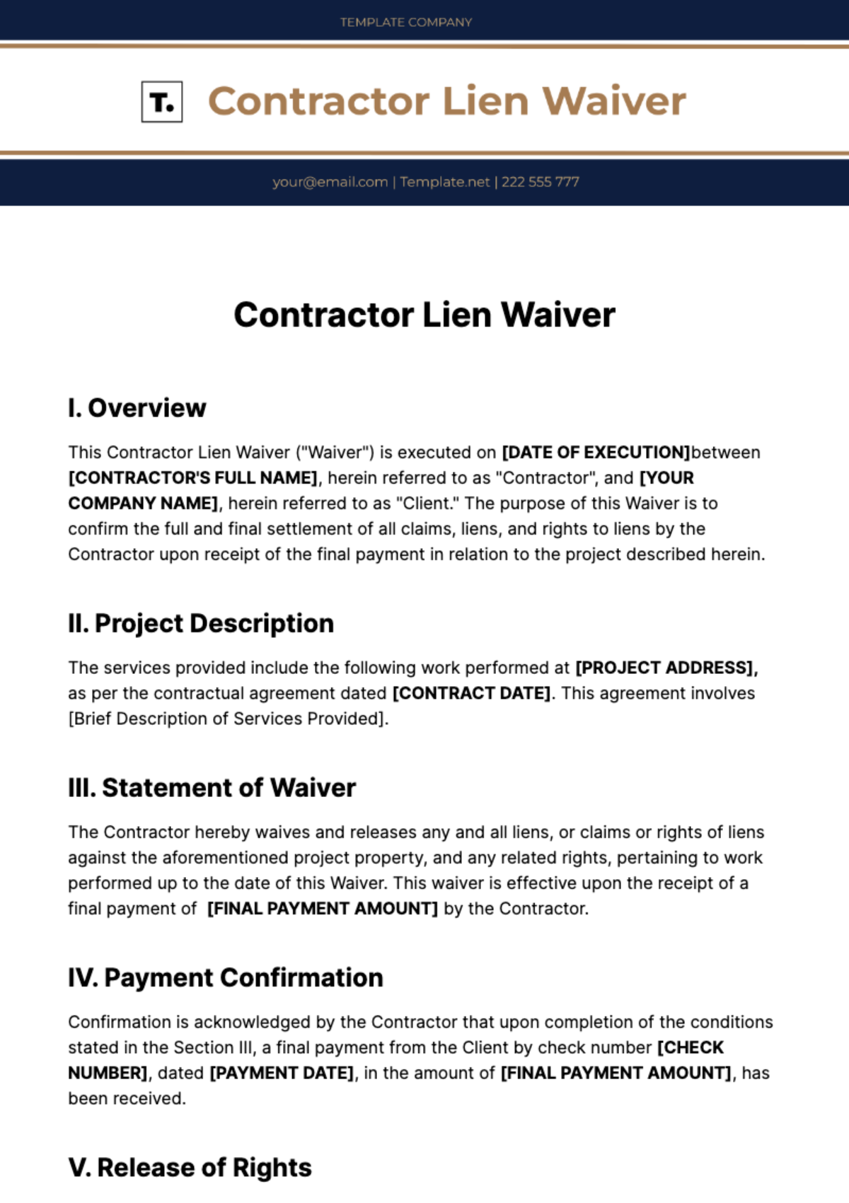 Contractor Lien Waiver Template - Edit Online & Download