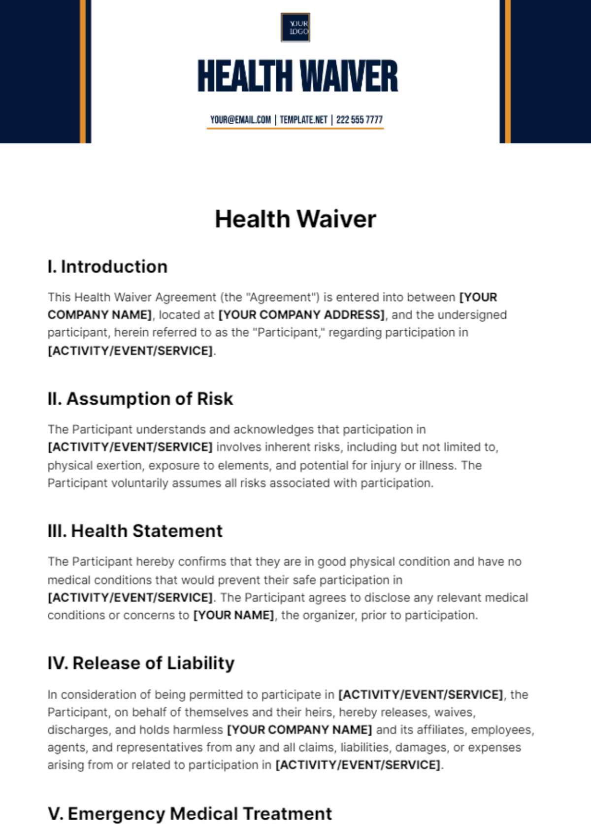 Health Waiver Template