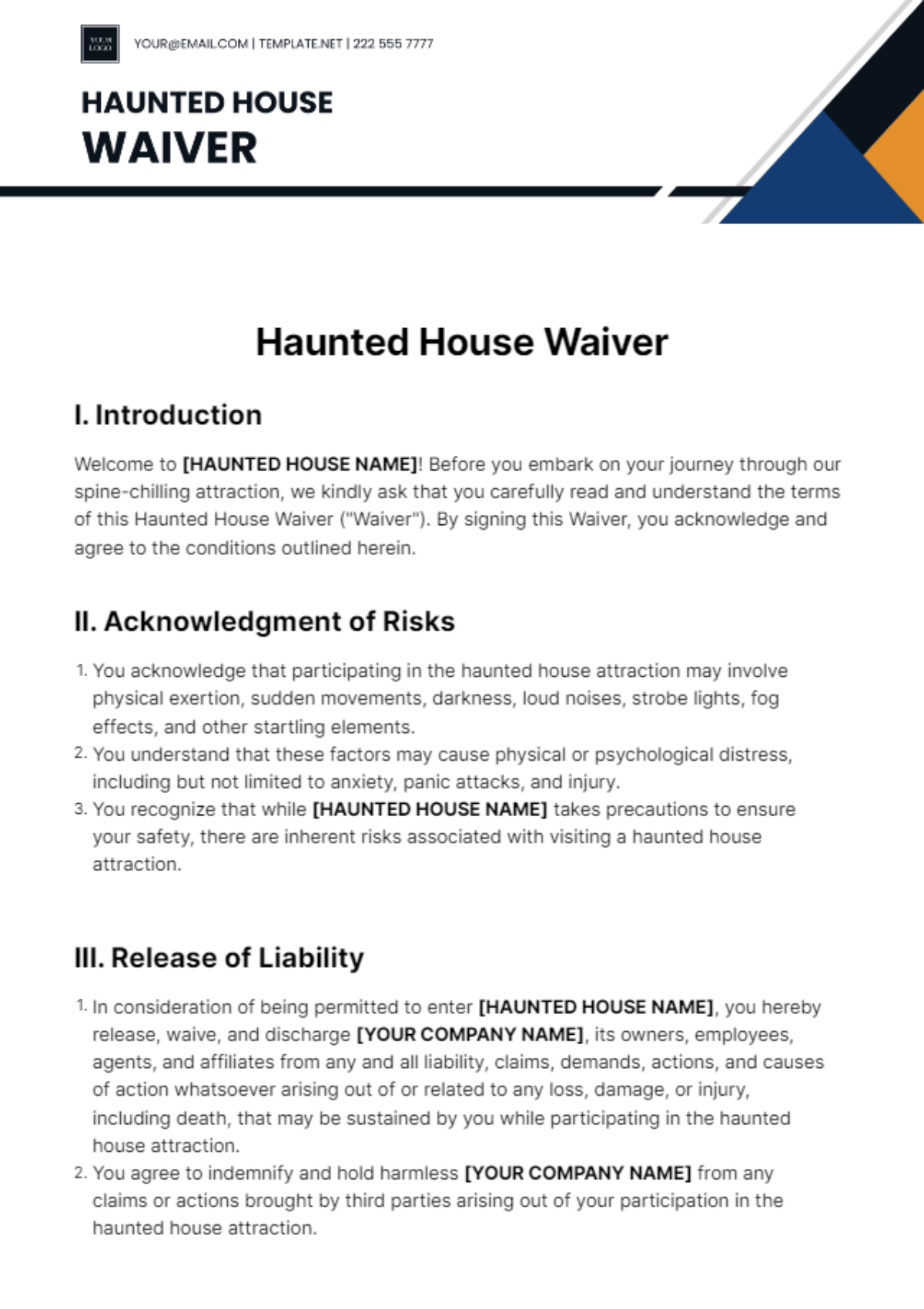 Haunted House Waiver Template