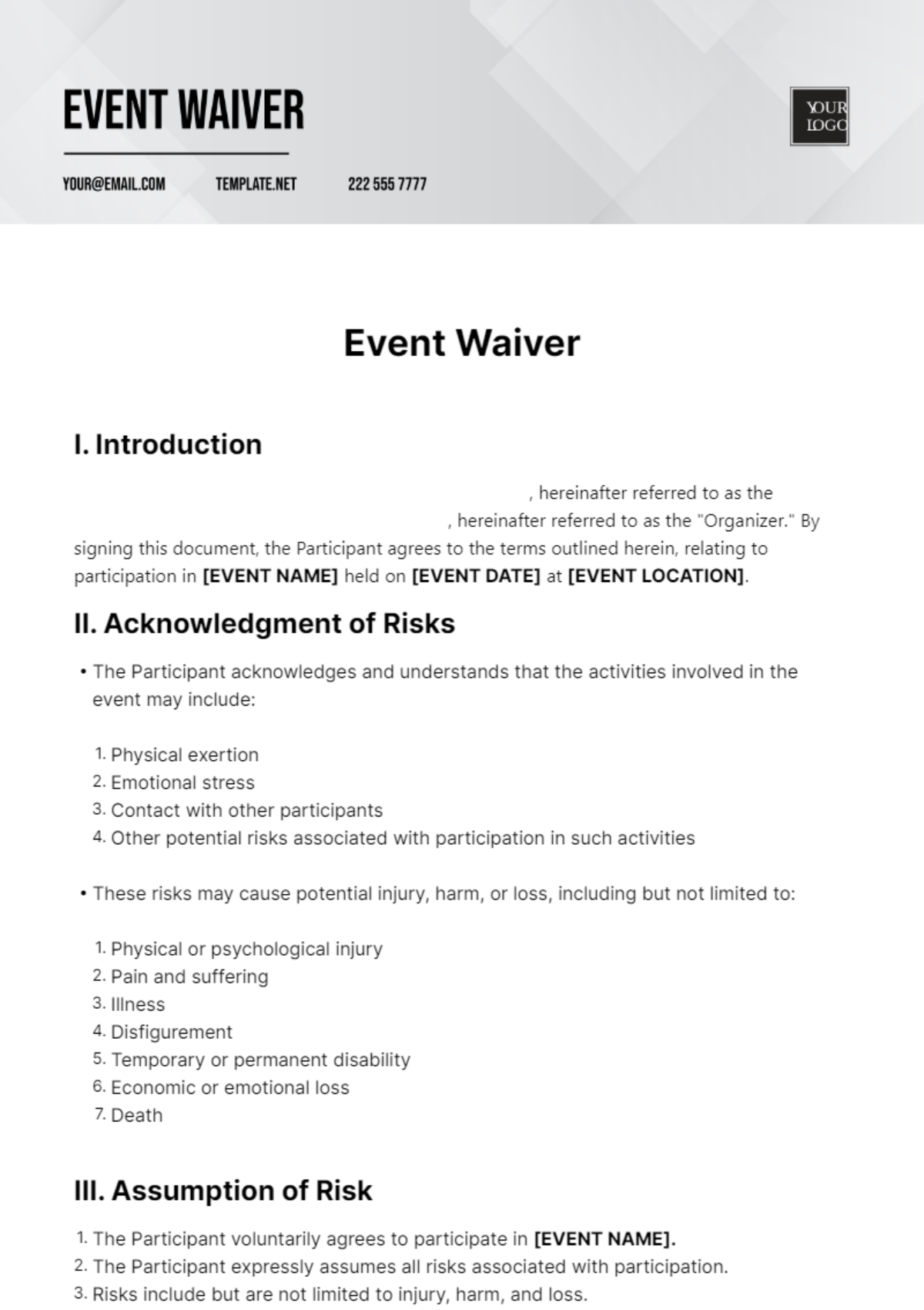 Free Event Waiver Template