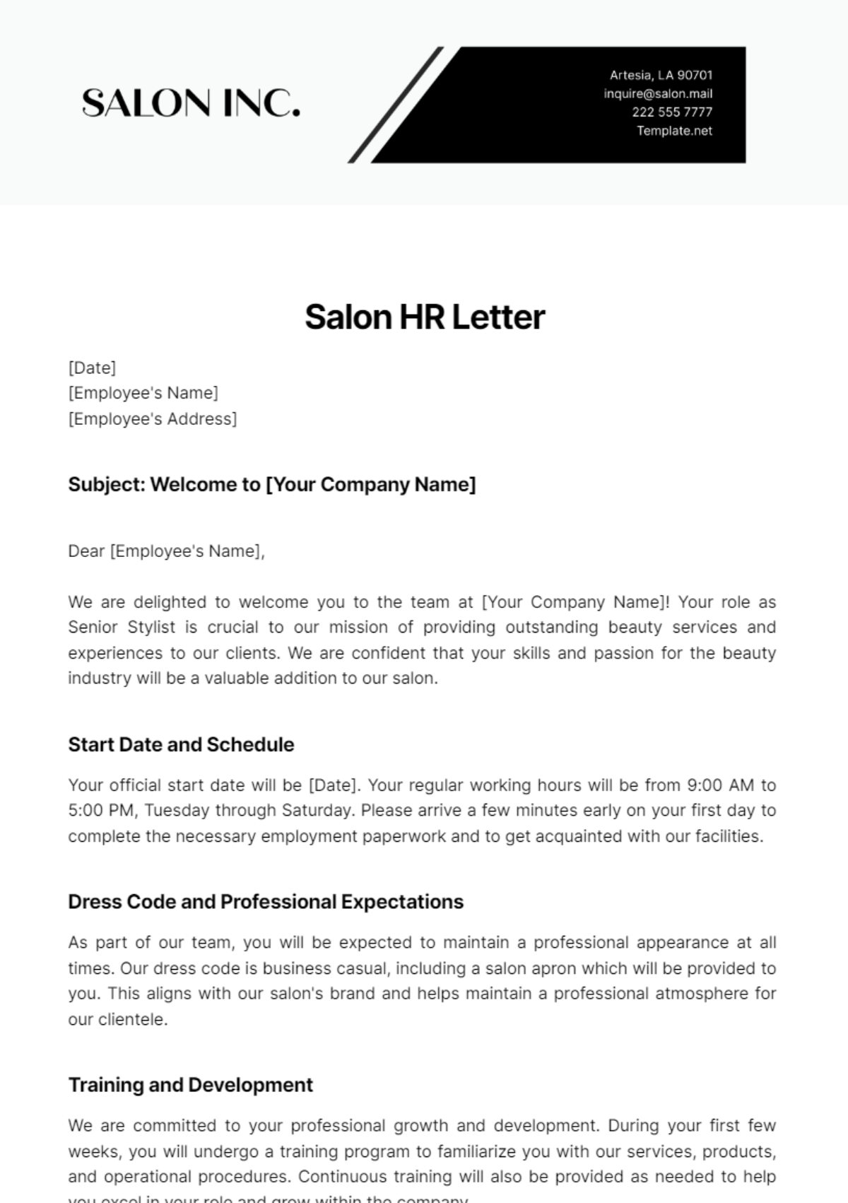 Salon HR Letter Template