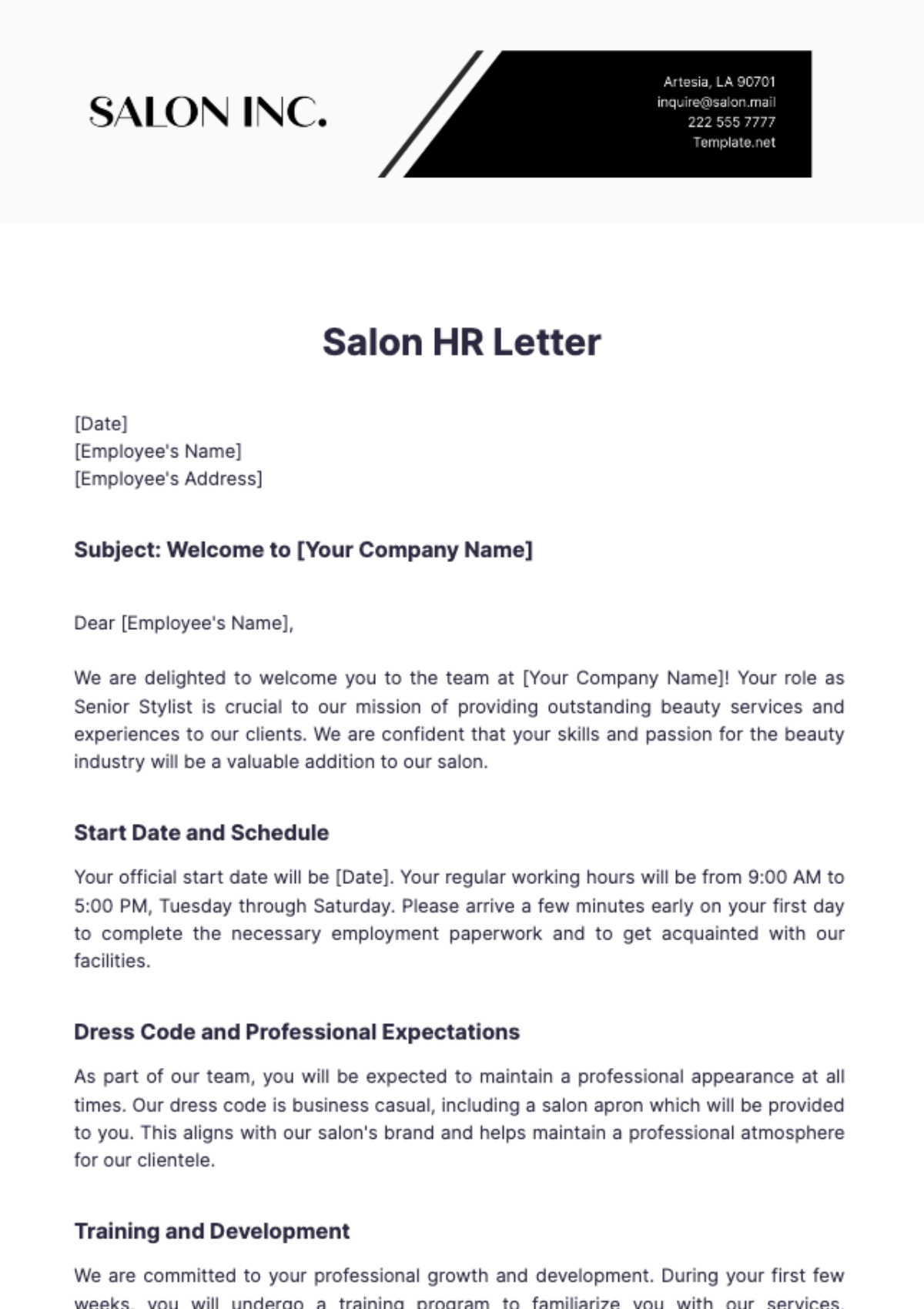 Salon HR Letter Template - Edit Online & Download