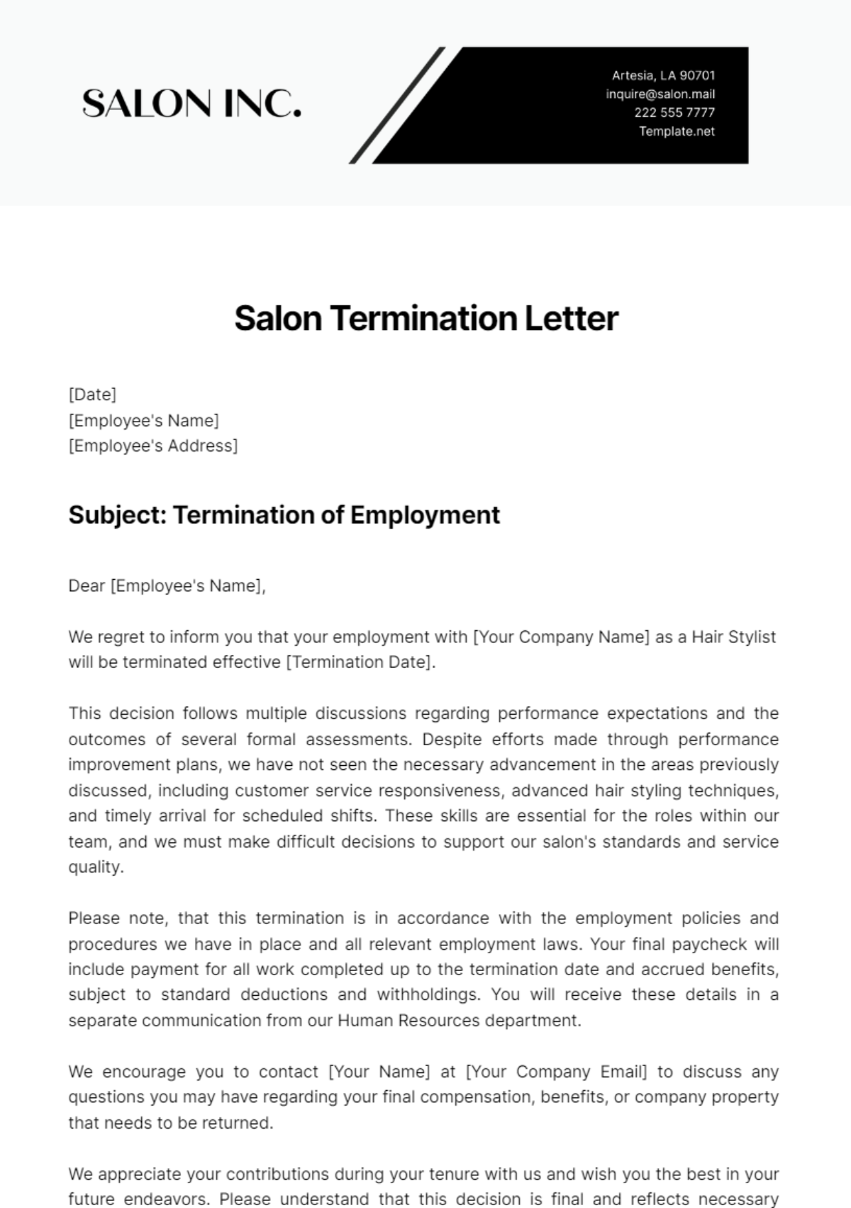 Salon Termination Letter Template
