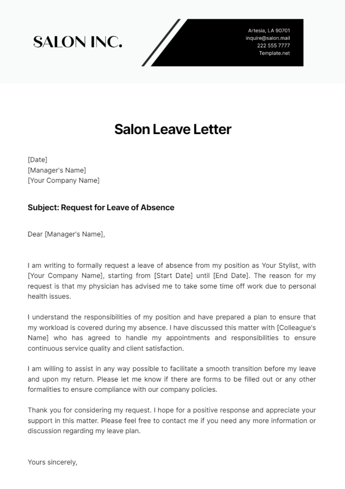 Salon Leave Letter Template