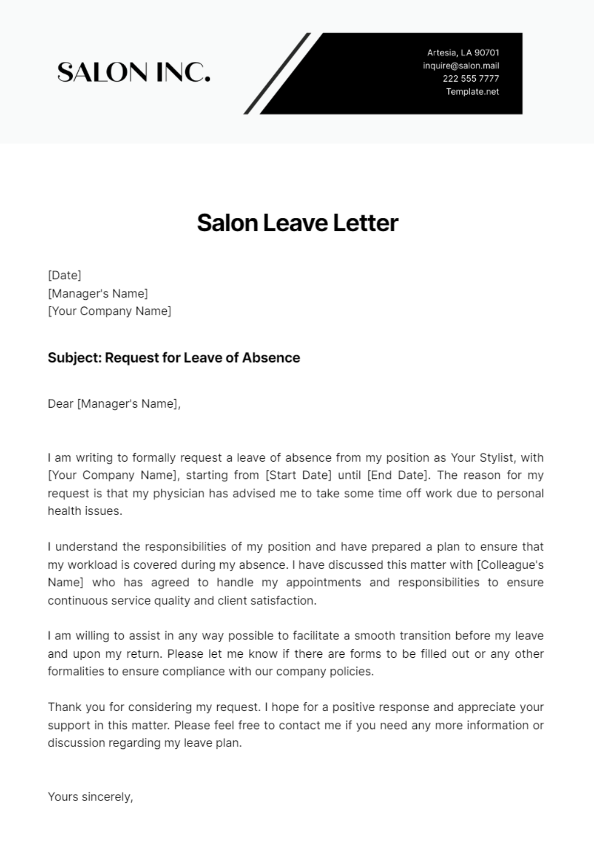 Salon Leave Letter Template - Edit Online & Download