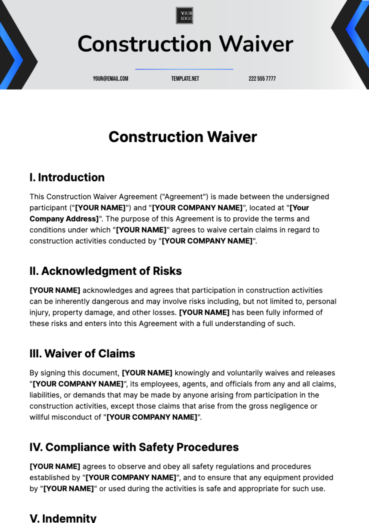 Free Construction Waiver Template