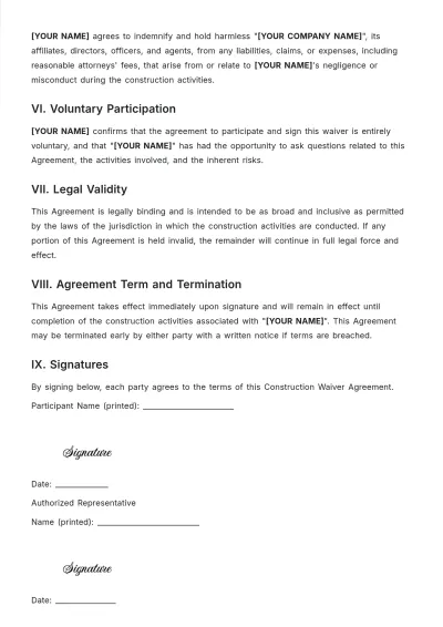 Free Construction Waiver Template to Edit Online