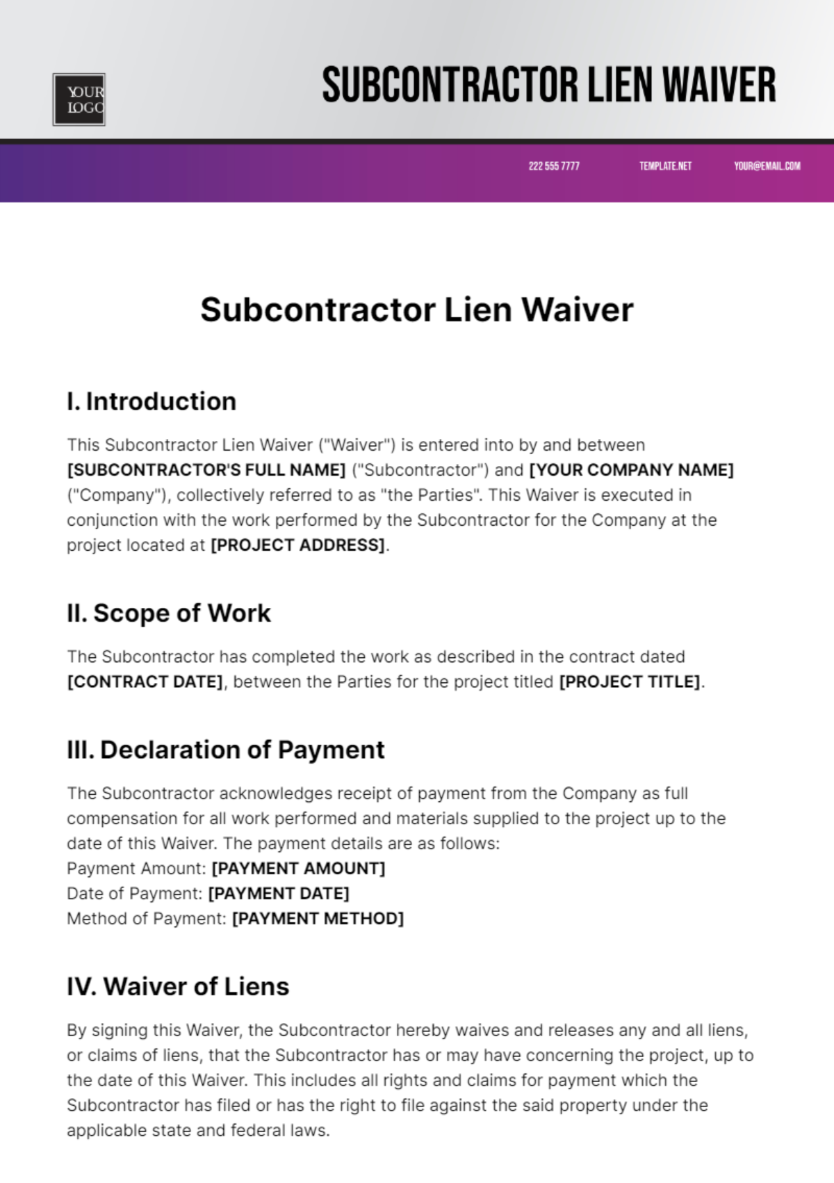 Free Subcontractor Lien Waiver Template
