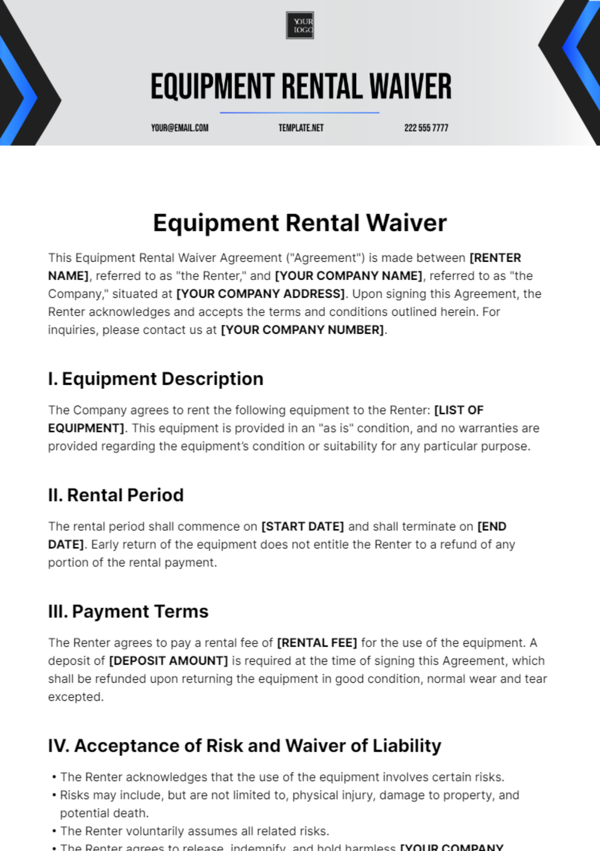Free Equipment Rental Waiver Template