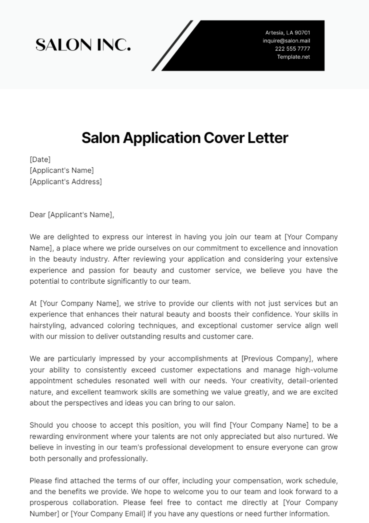 Salon Application Cover Letter Template
