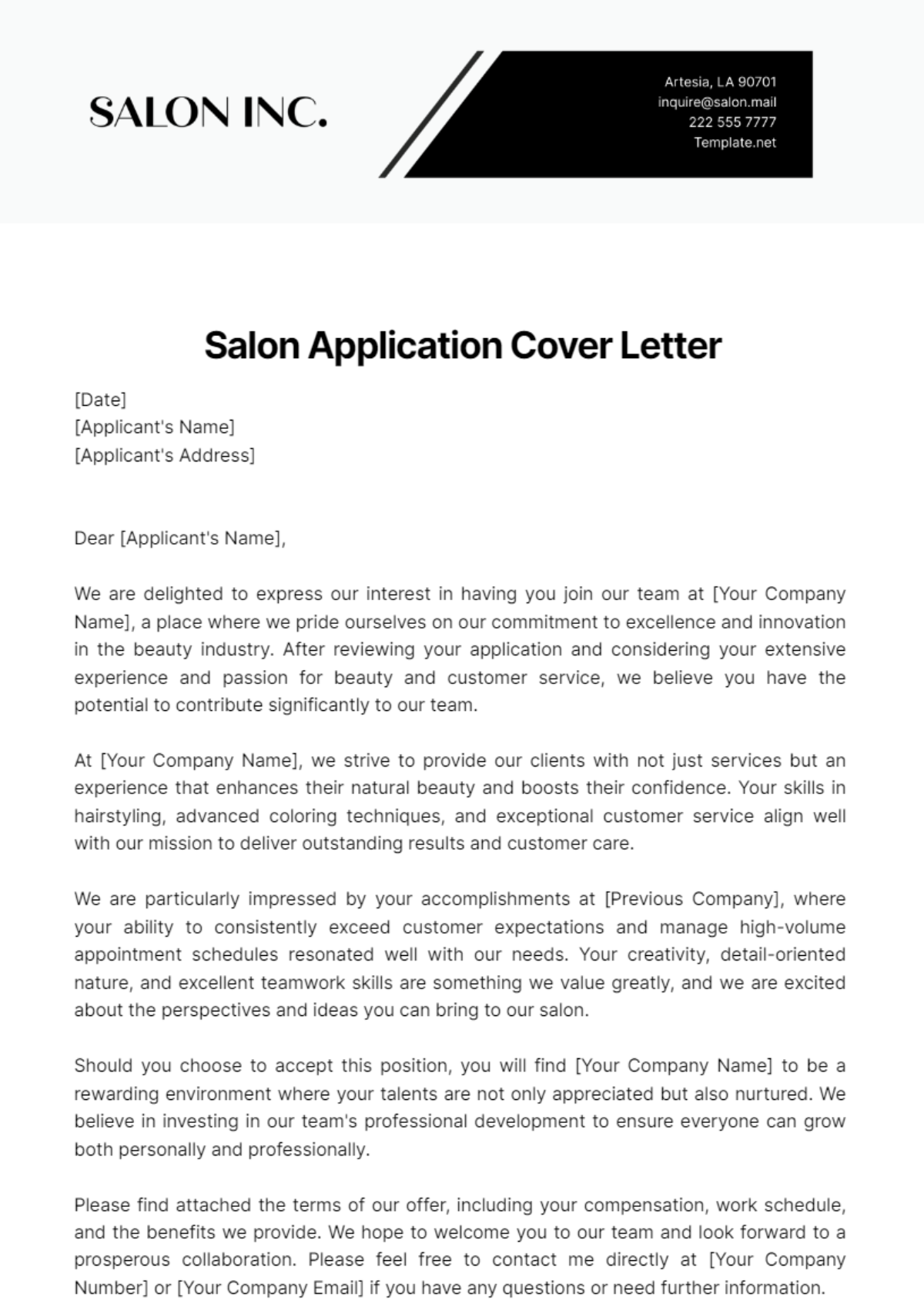 Salon Application Cover Letter Template - Edit Online & Download