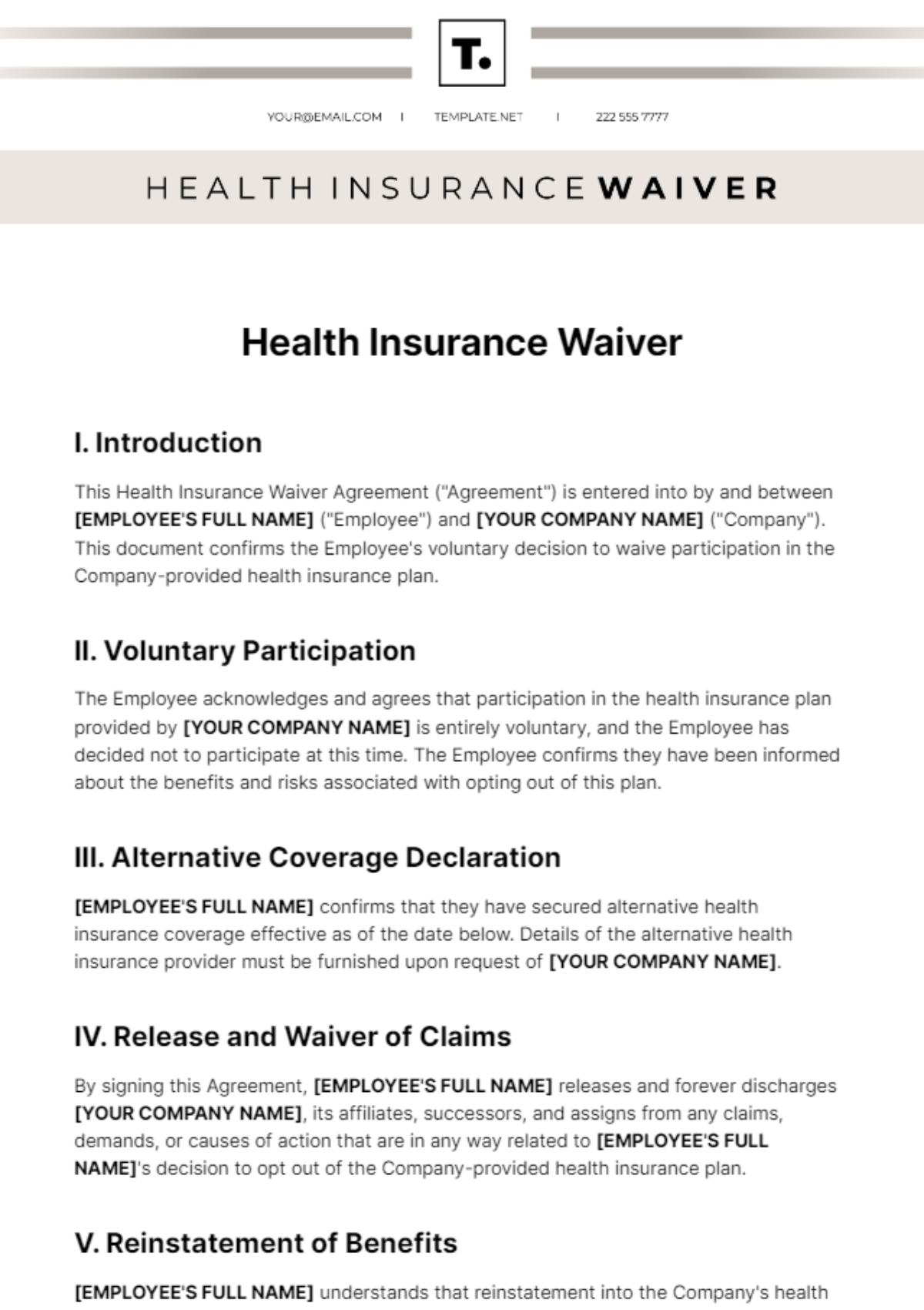 Health Insurance Waiver Template