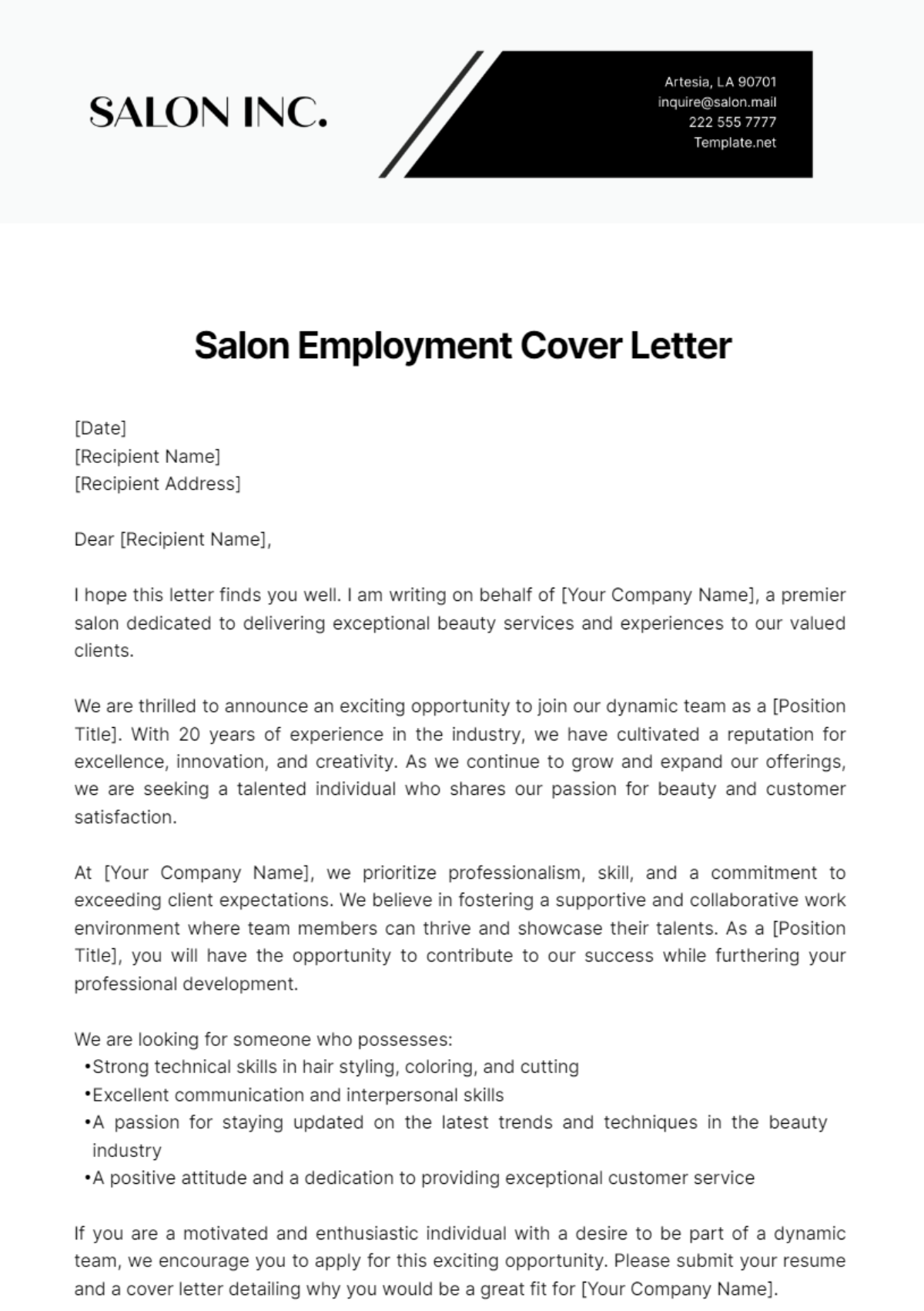 Salon Employment Cover Letter Template